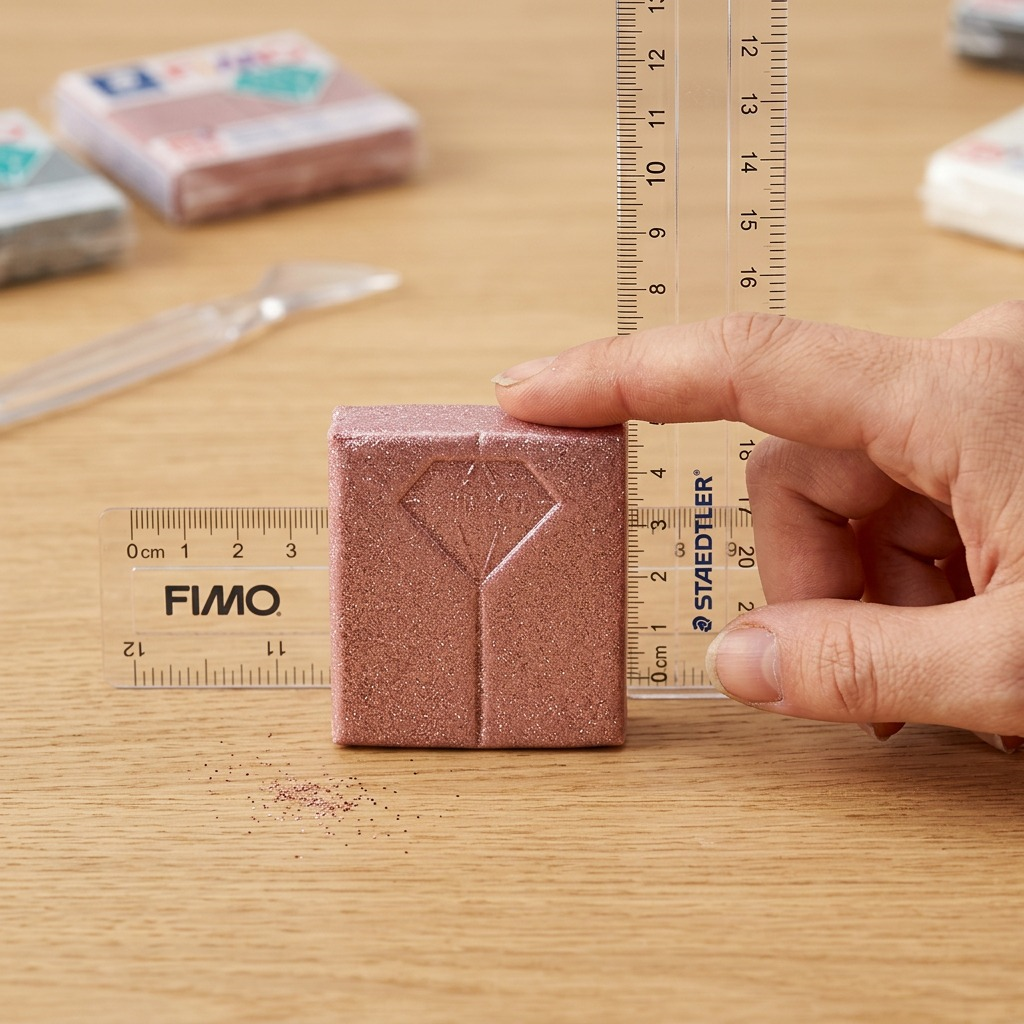 A lifestyle photo shows the 2oz block of FIMO Effect Rose Gold Glitter modeling clay (exactly as in the reference image) resting on a clean wooden desk surface next to a stack of three standard multicolored dice. Clear scale comparison is visible. Natural desk lighting.