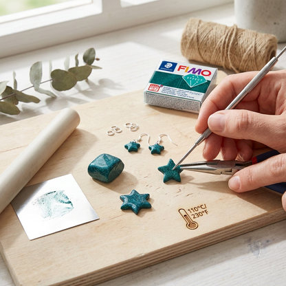 Finished Fimo Effect galaxy green glitter jewelry being crafted on a wooden surface.