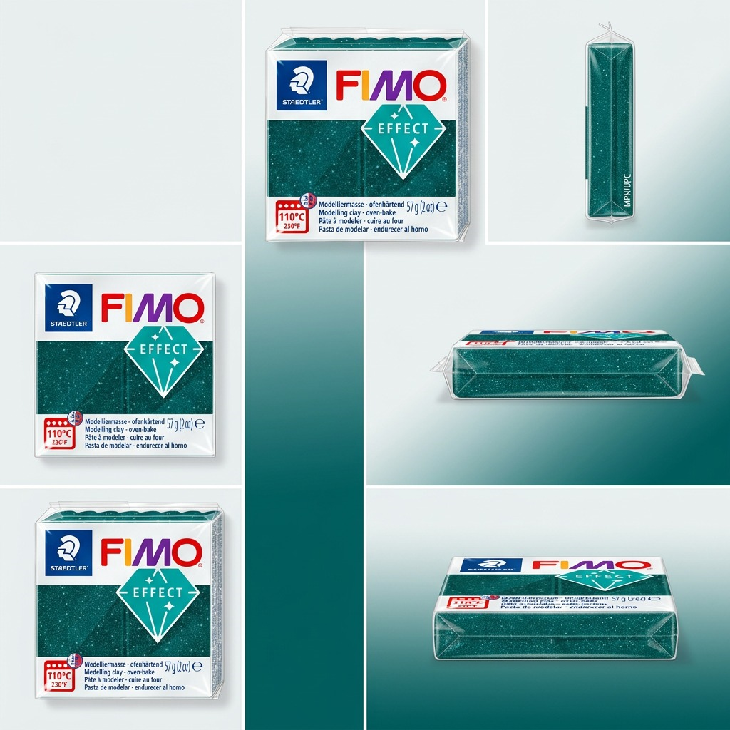 An ecommerce matrix displaying the STAEDTLER Fimo Effect Galaxy Green 57g modelling clay bar from four distinct angles: front face, a 45-degree angle showing two sides, a top-down view, and a side-profile view, all as individual product packs.