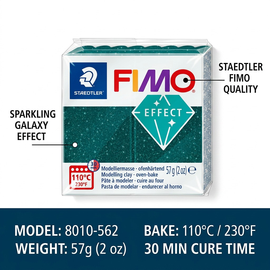 Feature display image of Fimo Galaxy Green clay package with specs like bake temperature and weight callouts.