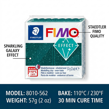 Feature display image of Fimo Galaxy Green clay package with specs like bake temperature and weight callouts.