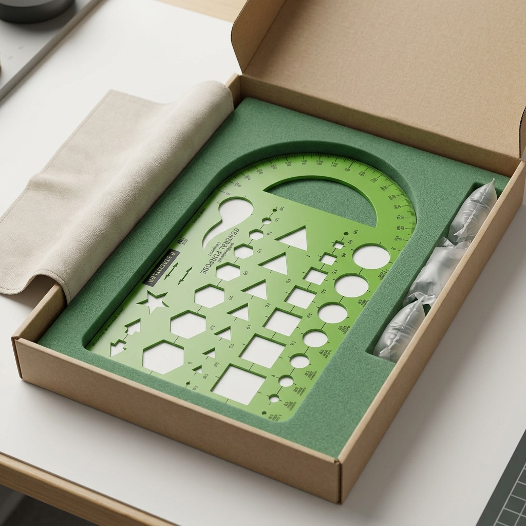 A premium unboxing scene of the STAEDTLER template, snugly protected in custom foam within a shipping box.