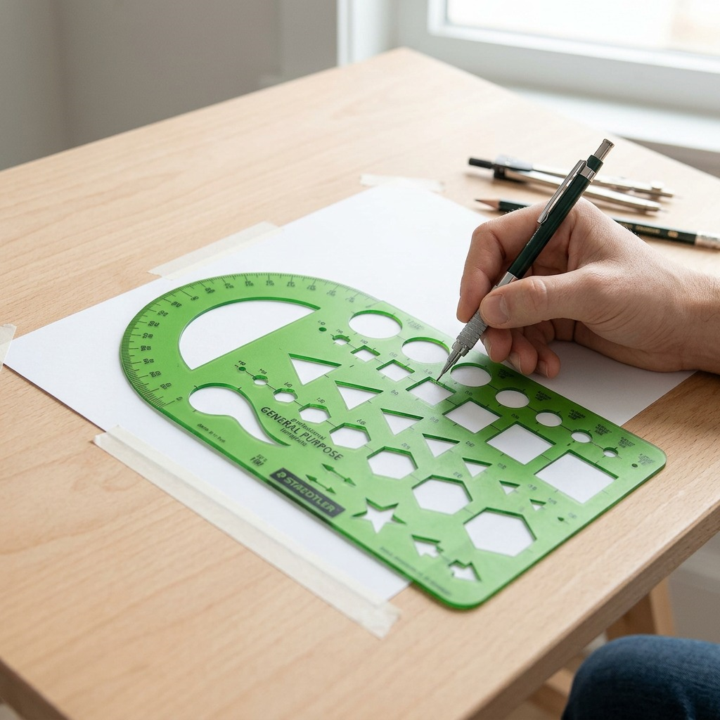 A close-up photograph of the STAEDTLER 977-102-02 template in use on a wooden drafting board. A black mechanical pencil traces a perfect circle onto a clean white sheet of paper.