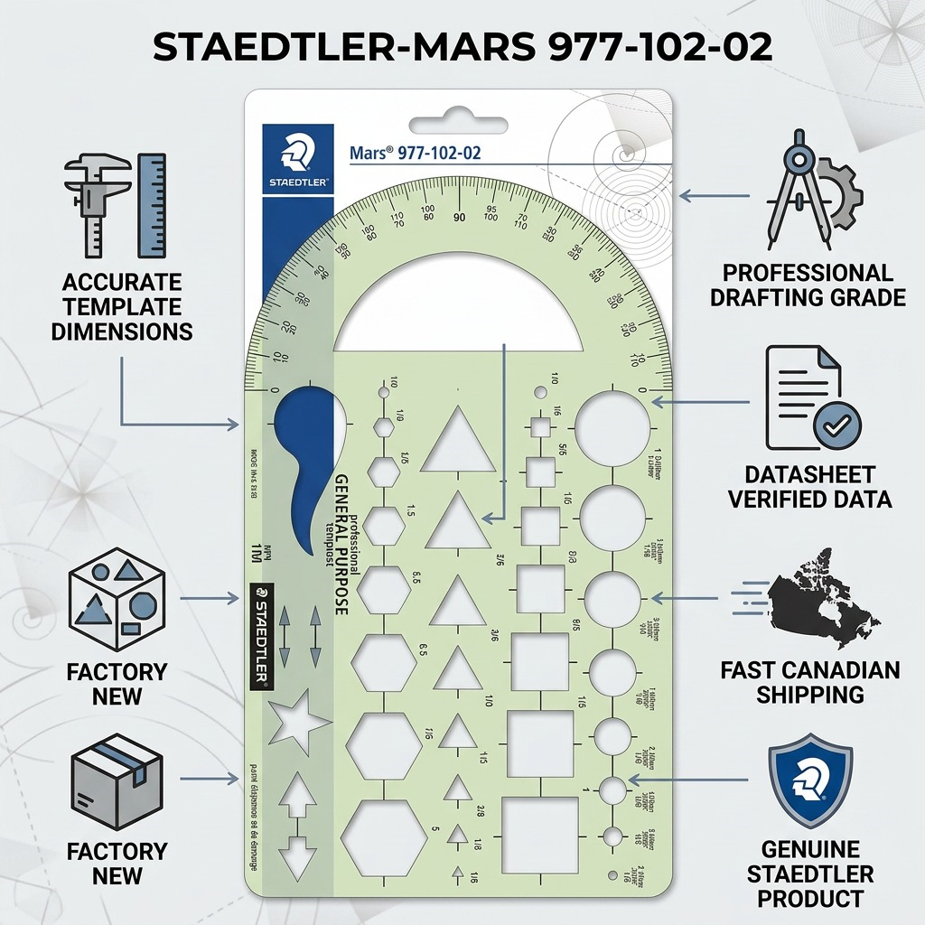 Product-led infographic with icons and text about STAEDTLER template features, data, and shipping.