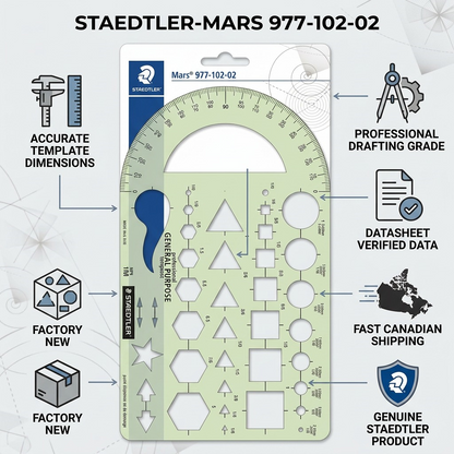Product-led infographic with icons and text about STAEDTLER template features, data, and shipping.