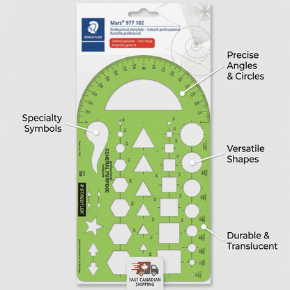 STAEDTLER general purpose template on a clean background with callout labels highlighting precise angles, specialty symbols, and shapes.