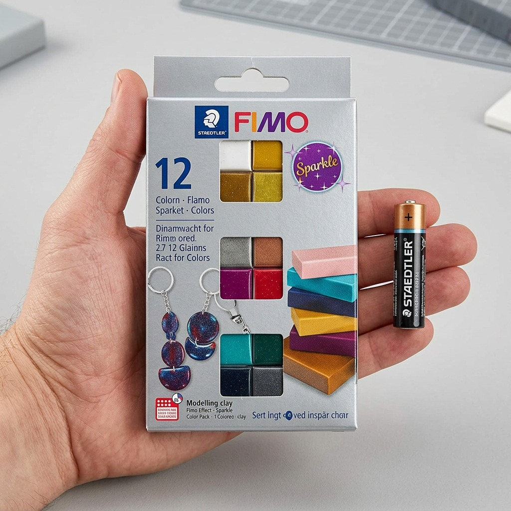 A person holding the Fimo Effect Sparkle 12 Color Pack (8013-C12-4) in one hand, showing its compact size for easy handling and storage.