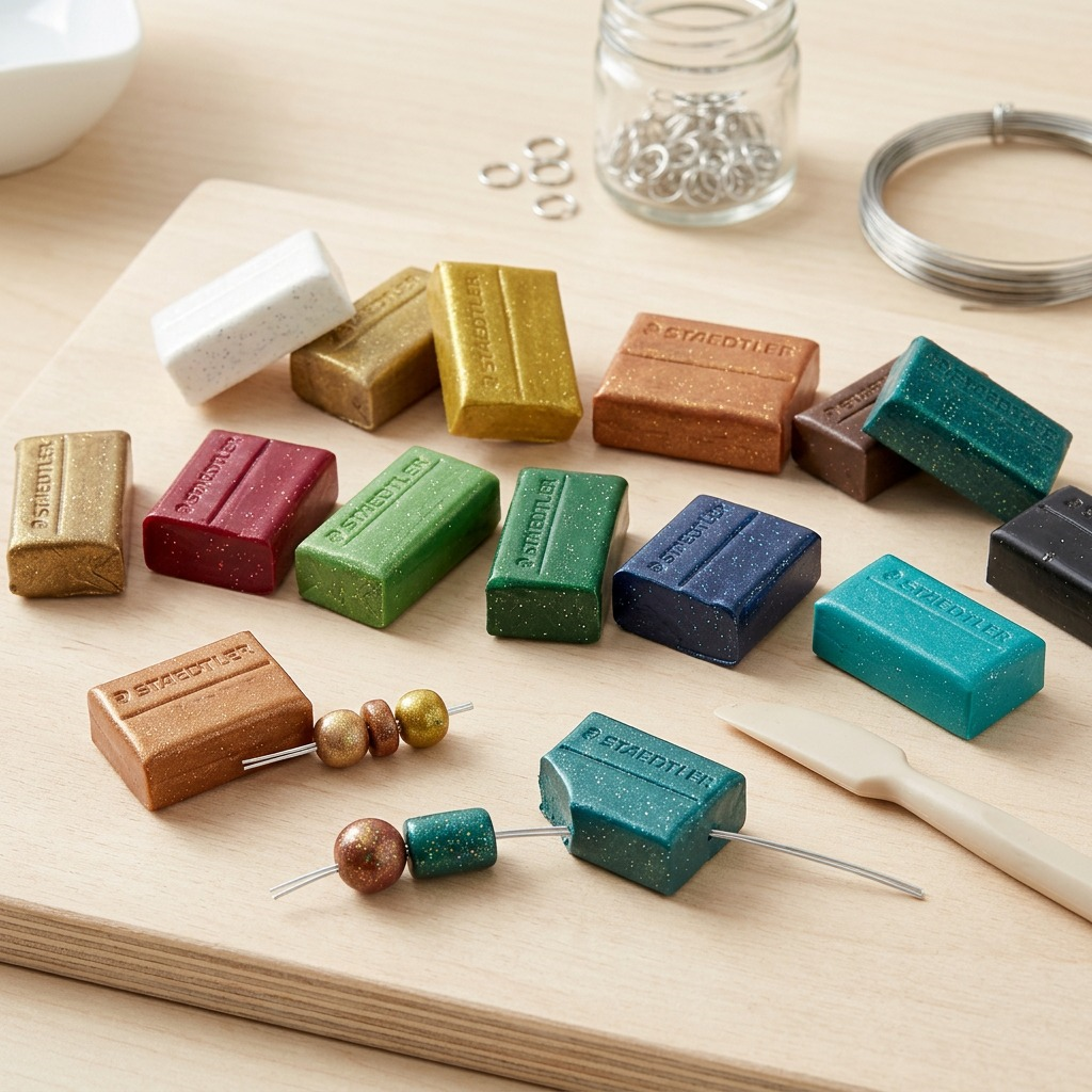 Alt Text: "Staedtler Fimo Effect Sparkle clay blocks on a clean wooden crafting table, partially shaped into beads."