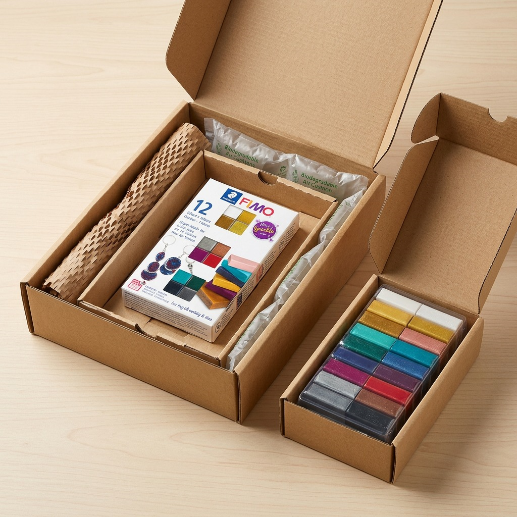 Premium unboxing scene showing the FIMO clay set in a protective box with bubble wrap and air cushions.