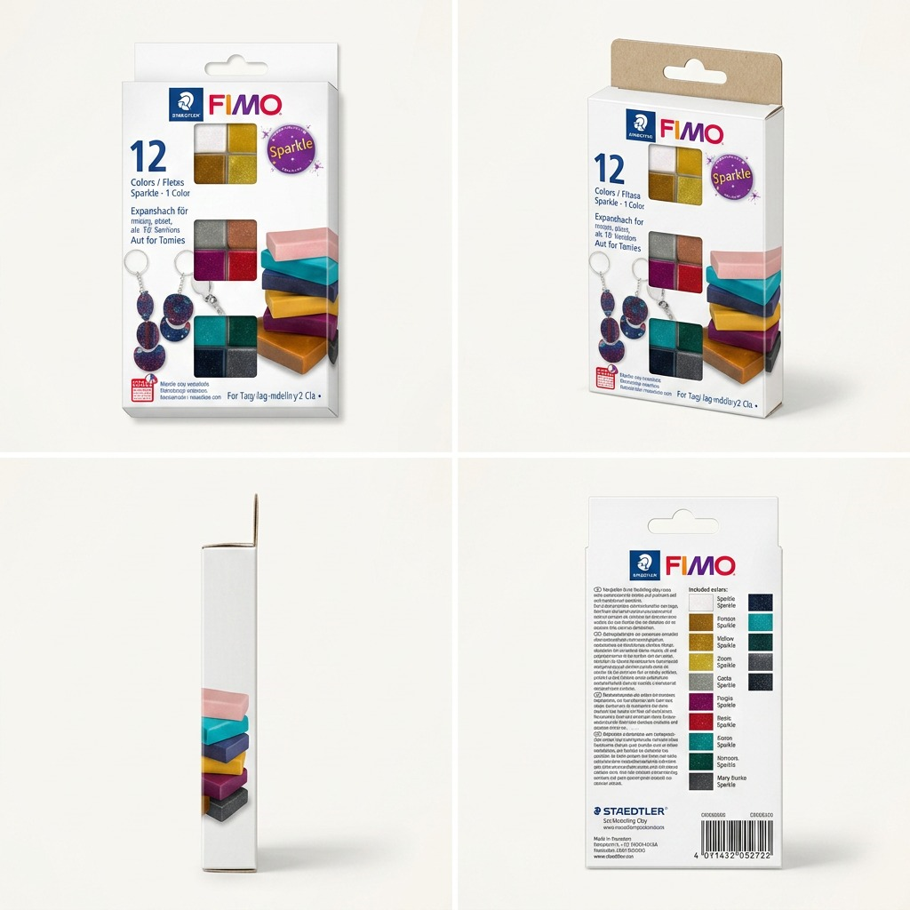 A grid showing four FIMO Effect Sparkle 12 Color Packs: front, front-three-quarter, side, and rear views, emphasizing its features on a premium clean background.