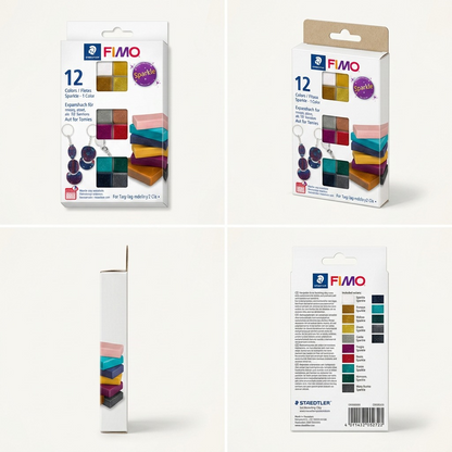 A grid showing four FIMO Effect Sparkle 12 Color Packs: front, front-three-quarter, side, and rear views, emphasizing its features on a premium clean background.