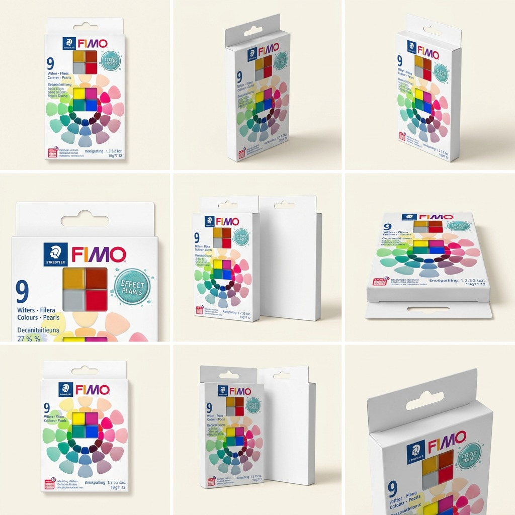 A 3x2 grid of four product images, each showcasing the Fimo Effect Pearls 10-piece clay set from different angles.
