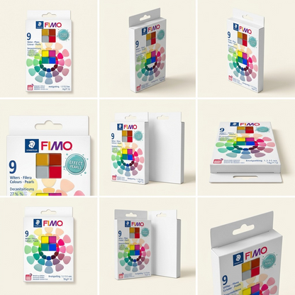 A 3x2 grid of four product images, each showcasing the Fimo Effect Pearls 10-piece clay set from different angles.