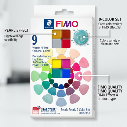 An image showing the STAEDTLER Fimo Effect Pearls set with callouts for pearl effect, colors, and quality facts.