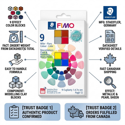 STAEDTLER Fimo Effect Pearl set is shown in a Canadian e-commerce trust infographic with verified facts and fast shipping.