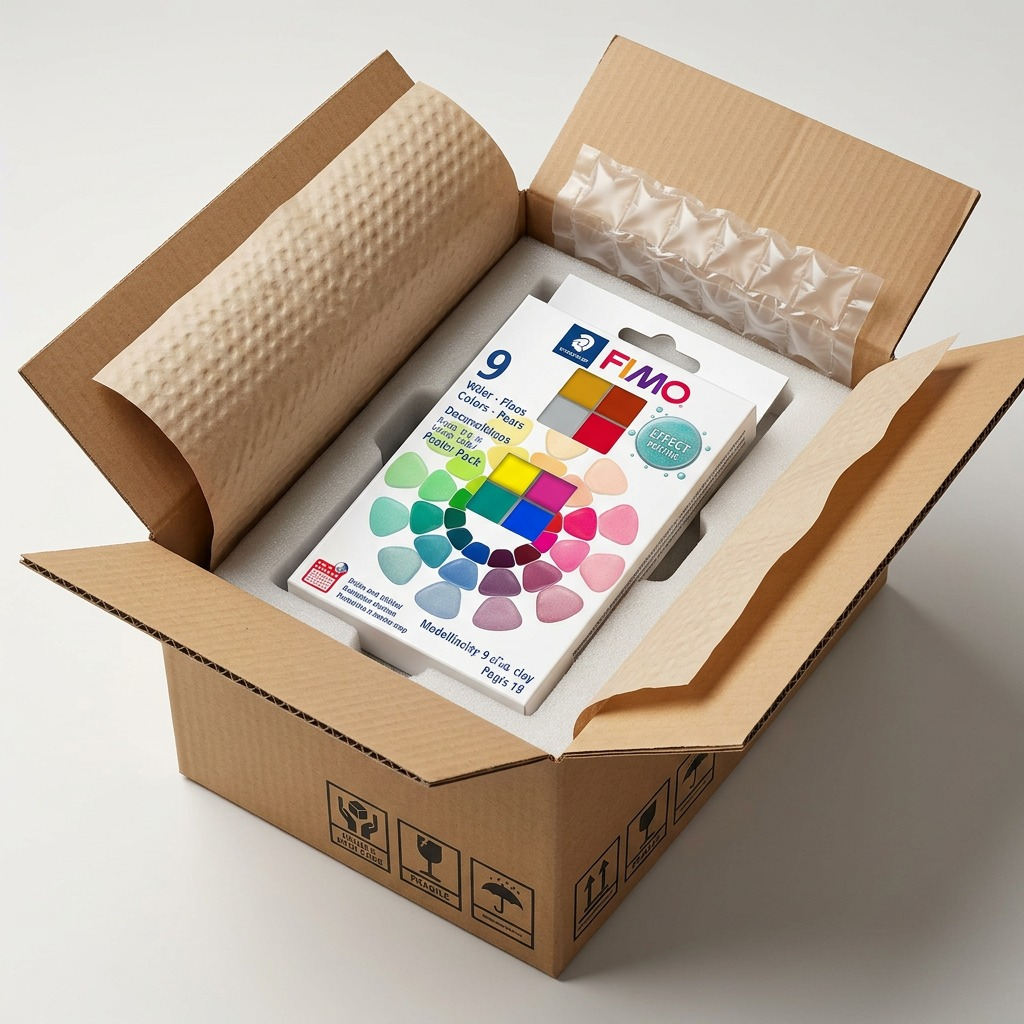 Unboxing FIMO Effect Pearls: The 9-color clay set is revealed inside a secure, foam-lined shipping box.
