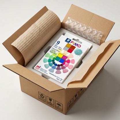 Unboxing FIMO Effect Pearls: The 9-color clay set is revealed inside a secure, foam-lined shipping box.