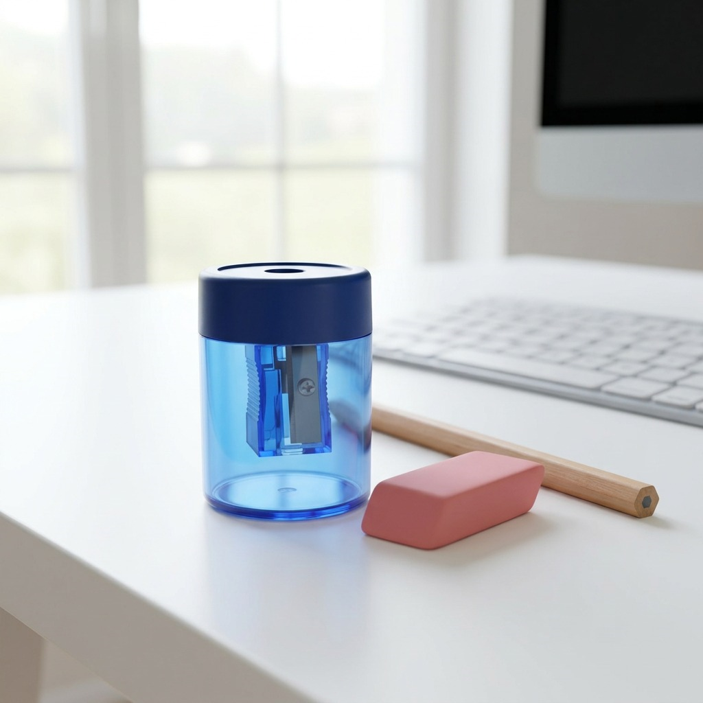 A scale reference image showing the STAEDTLER blue single-hole pencil sharpener next to a standard pencil and eraser on a wooden desk.