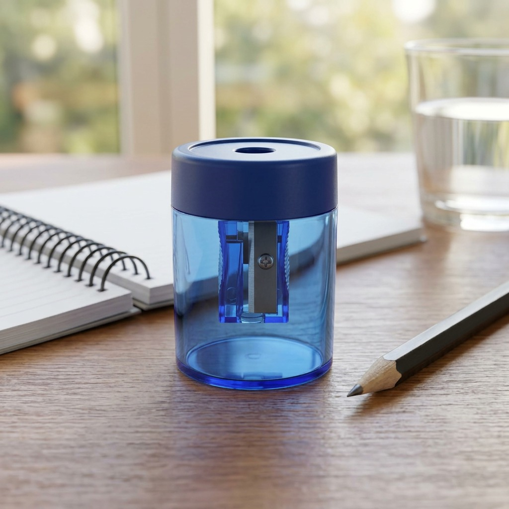 The blue STAEDTLER pencil sharpener from the canonical image is shown here as a key art item on a wooden desk.