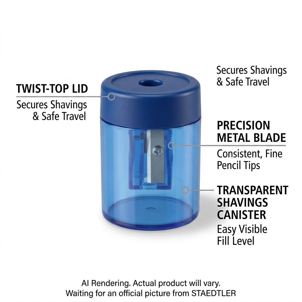An ecommerce graphic of the STAEDTLER blue single-hole sharpener with feature callouts for its metal blade and transparent body.