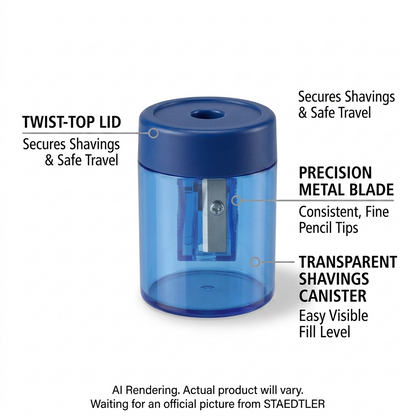 An ecommerce graphic of the STAEDTLER blue single-hole sharpener with feature callouts for its metal blade and transparent body.