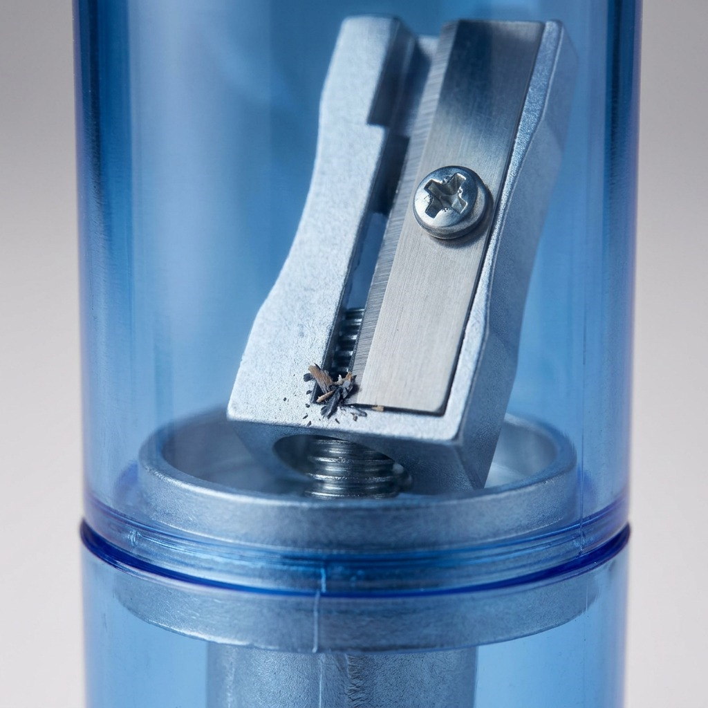 A detailed macro photograph focusing on the steel blade and screw-tip mechanism of a STAEDTLER blue pencil sharpener.