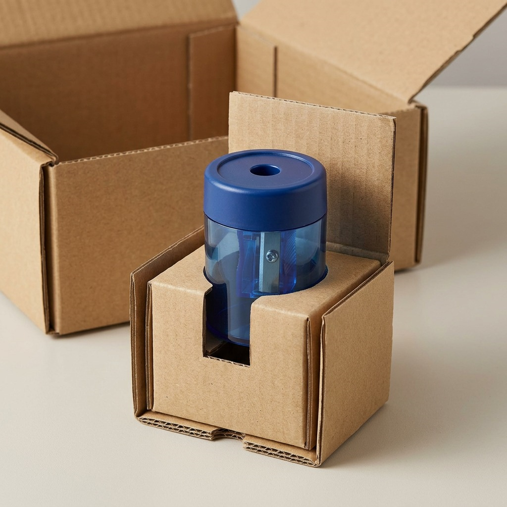 A premium unboxing scene of the STAEDTLER sharpener, showing clear protective packaging and a secure shipping box.