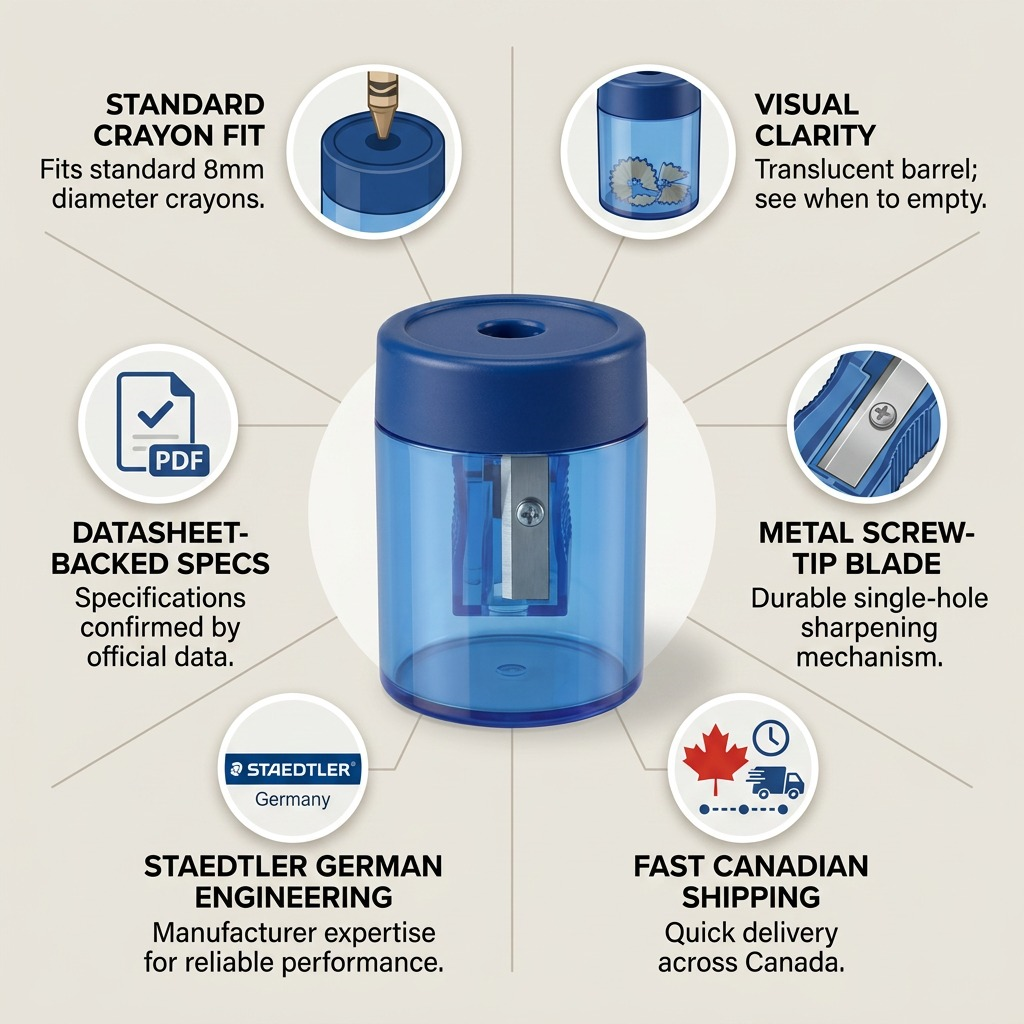 STAEDTLER sharpener infographic showing features, specs, and fast Canadian shipping.