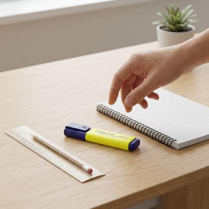 A photo of a yellow Staedtler highlighter next to a business card and a standard AA battery for scale.
