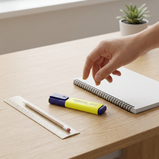 A photo of a yellow Staedtler highlighter next to a business card and a standard AA battery for scale.