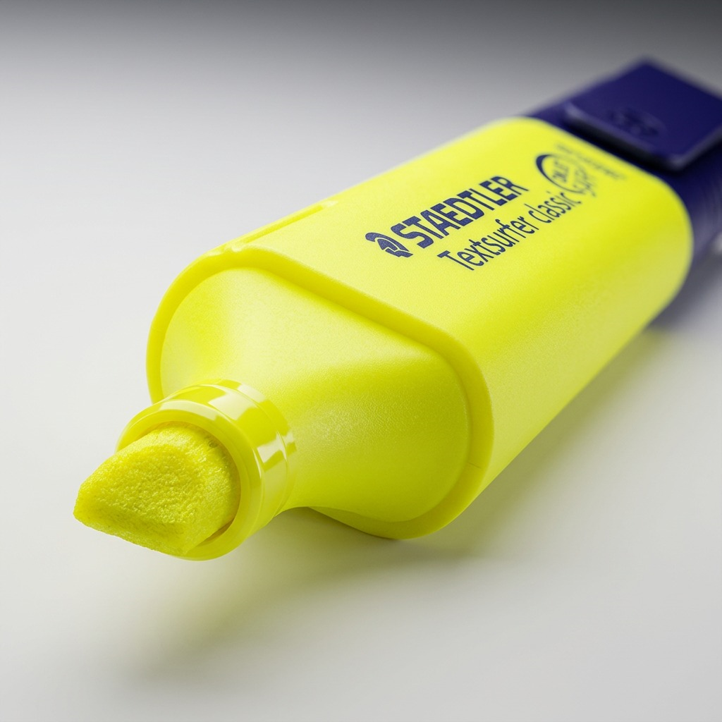 Macro extreme close-up view of the chisel tip and branding of the fluorescent yellow STAEDTLER highlighter from image_0.png, with a shallow depth of field.