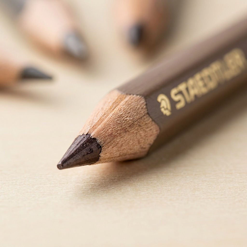 The extreme macro photograph focuses on the fine pastel tip of a STAEDTLER Mars Lumograph pencil. It details the textured wood, the pigment's fine grain, and precise gold branding, emphasizing the product's quality. Soft lighting highlights the materials, making the pencil look tactile and professional. This shot effectively reduces hesitation by showcasing the product's craftsmanship up close.