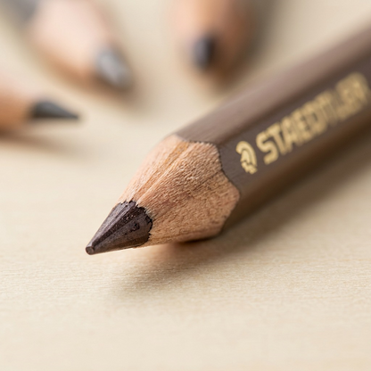 The extreme macro photograph focuses on the fine pastel tip of a STAEDTLER Mars Lumograph pencil. It details the textured wood, the pigment's fine grain, and precise gold branding, emphasizing the product's quality. Soft lighting highlights the materials, making the pencil look tactile and professional. This shot effectively reduces hesitation by showcasing the product's craftsmanship up close.