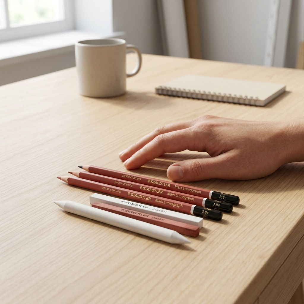 A macro shot from the side showing the Staedtler mixed pencil set laid flat on a desk, with the user's hand reaching to pick up one pencil, to illustrate its scale.