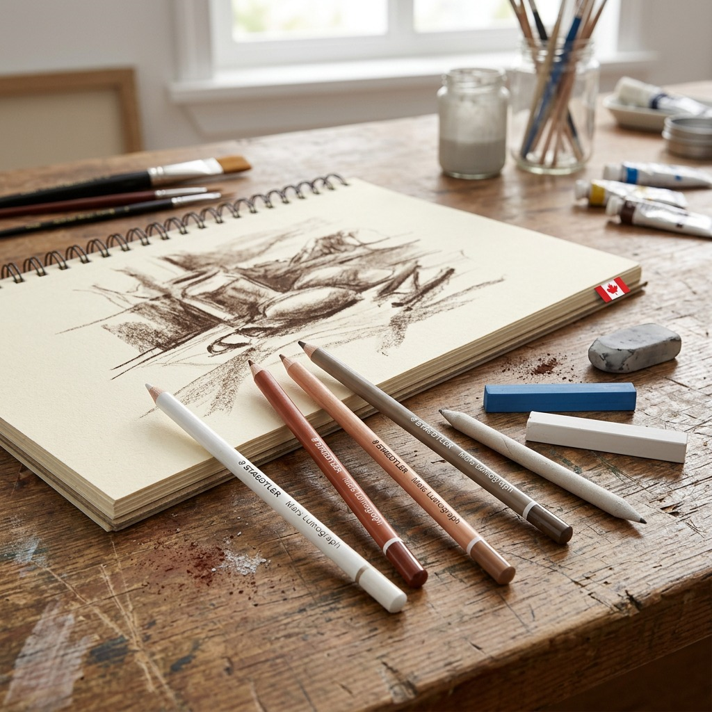 STAEDTLER pastels in a studio, drawing a portrait on neutral wood background. Soft light, no packaging.