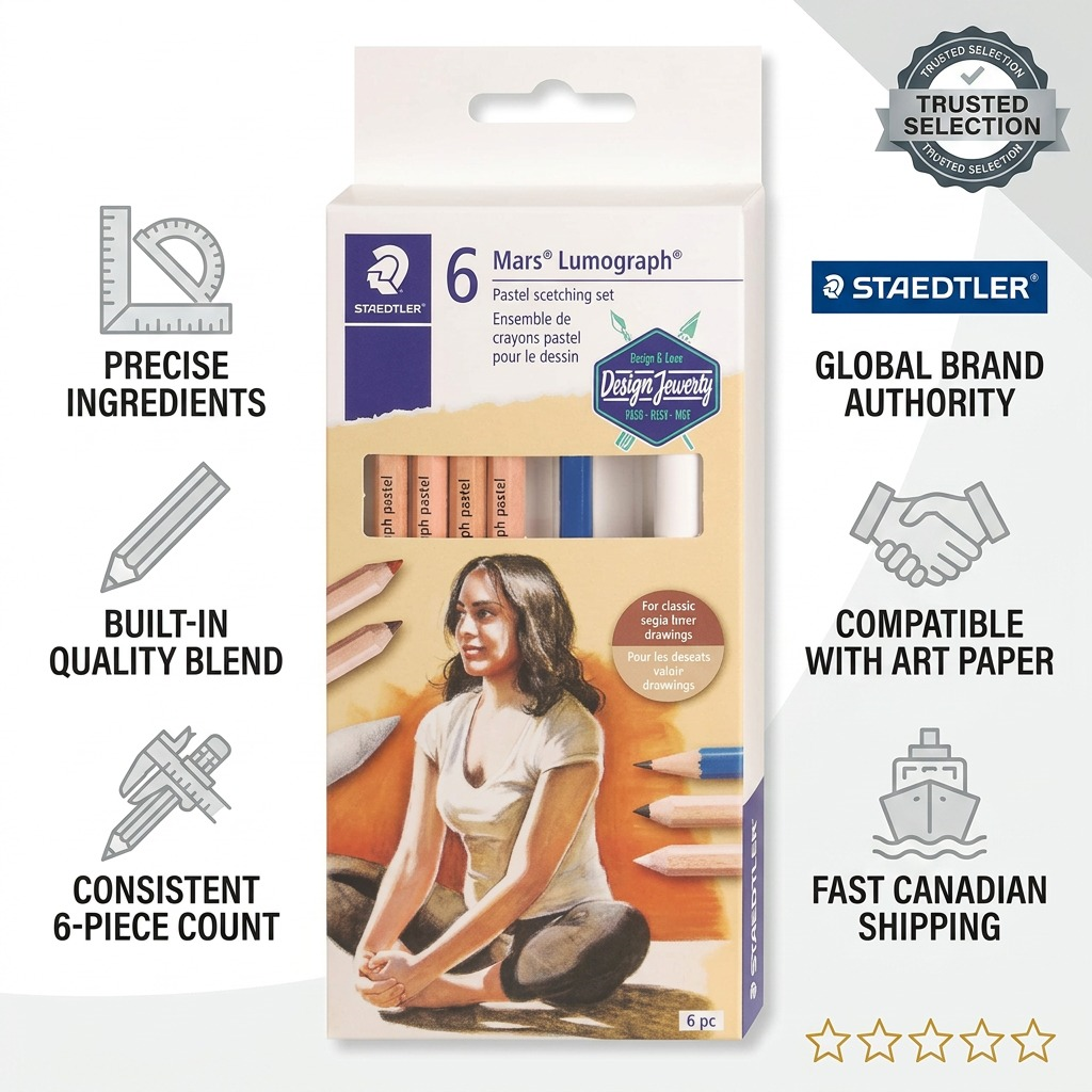 A confidence infographic featuring the 6pc STAEDTLER Mixed Pastel Set, factual icons, and speed shipping.