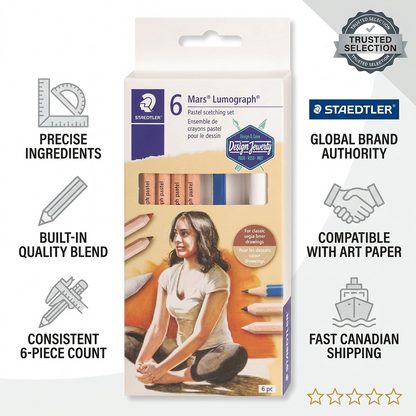 A confidence infographic featuring the 6pc STAEDTLER Mixed Pastel Set, factual icons, and speed shipping.