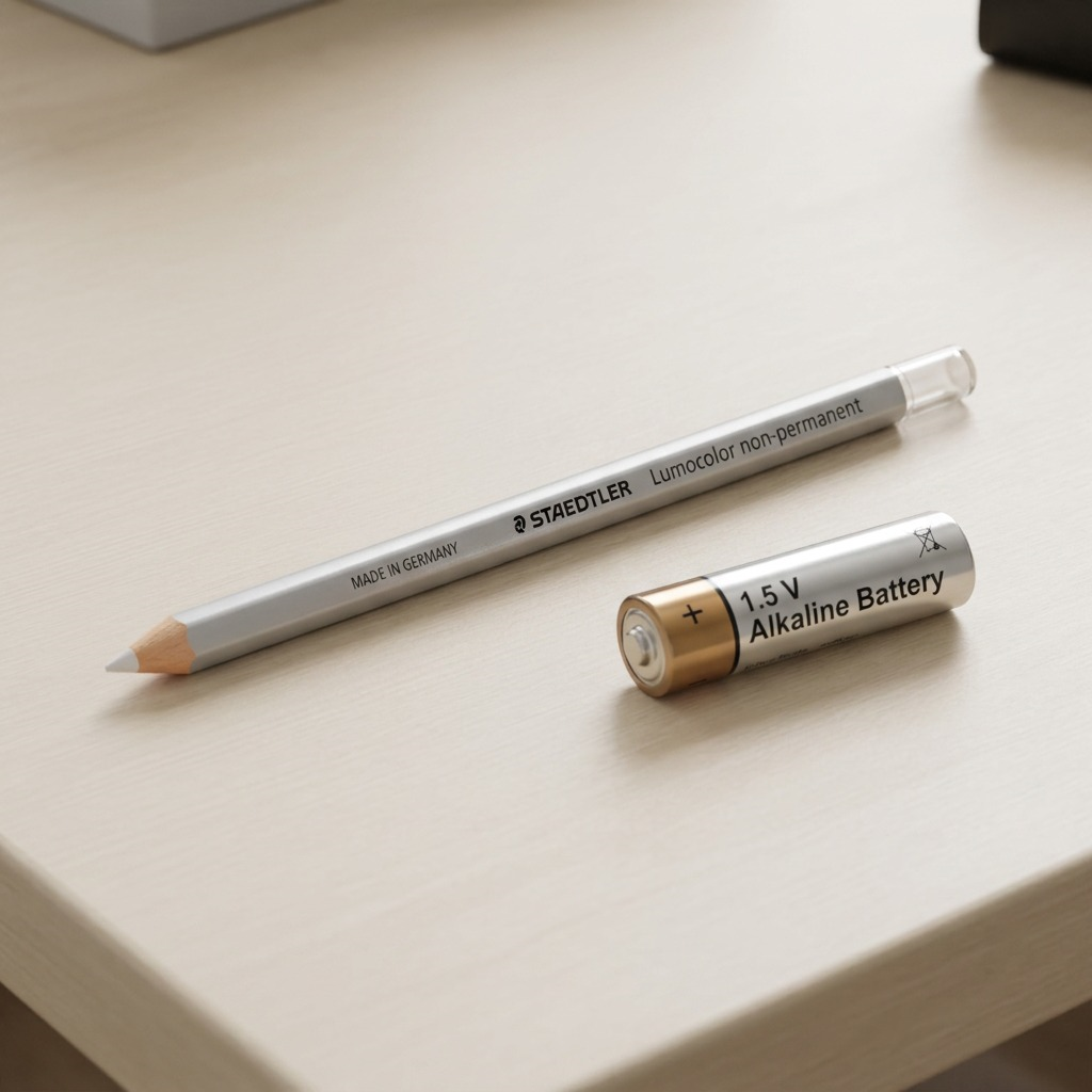 Scale reference photo for the silver Staedtler Omnichrom pencil. The pencil lies precisely next to a standard AA battery on a light-wood desk, showing its exact length and diameter. Clean product-led styling and realistic lighting.