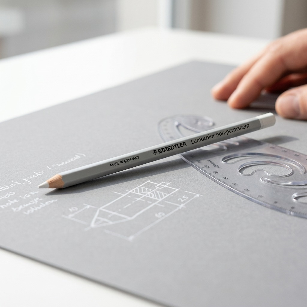 Lifestyle product photo: Staedtler white Omnichrom non-permanent pencil on a transparent overhead projector film with technical notes and a diagram.