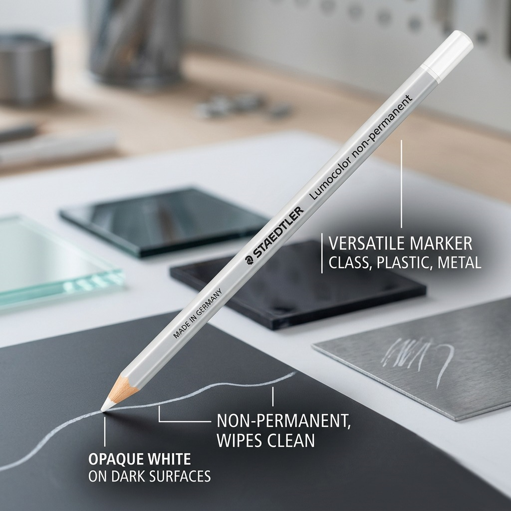 STAEDTLER Lumocolor non-permanent white pencil featuring explicit callouts: OPAQUE WHITE, NON-PERMANENT, and VERSATILE MARKER for glass, plastic, metal.