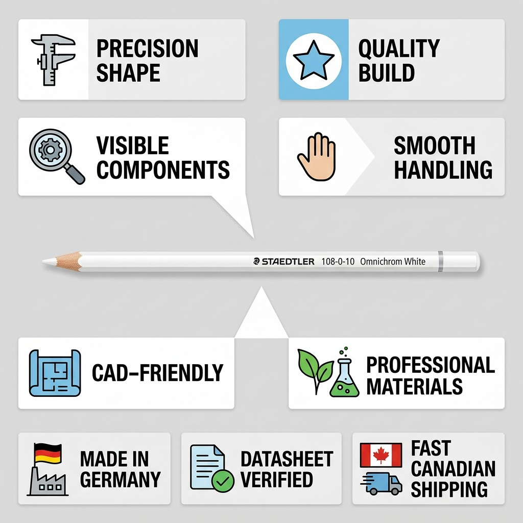 A trust infographic with STAEDTLER pencil showing features and fast Canadian shipping.