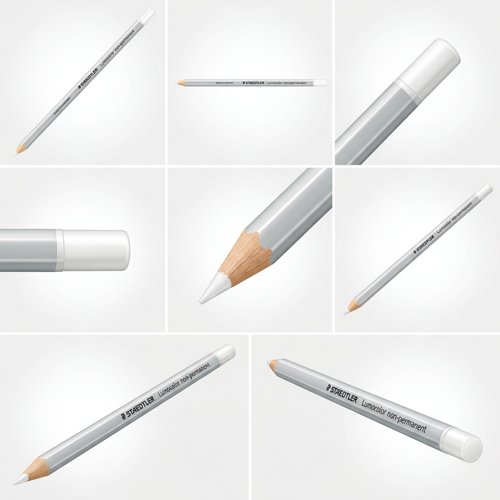 A clean ecommerce matrix displaying six views of the STAEDTLER Lumocolor non-permanent white pencil from different angles.