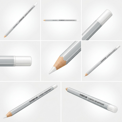 A clean ecommerce matrix displaying six views of the STAEDTLER Lumocolor non-permanent white pencil from different angles.
