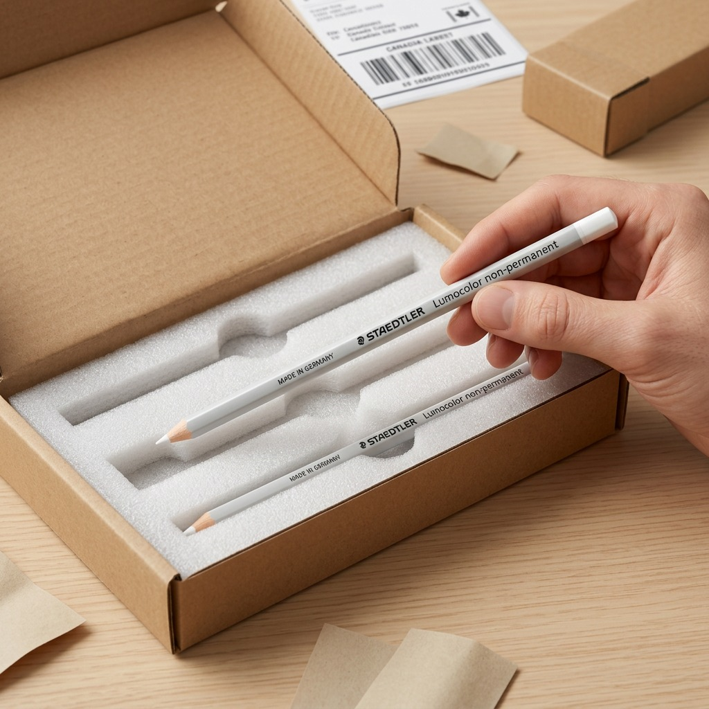 A close-up unboxing photo showing a white STAEDTLER pencil nested inside premium protective foam.