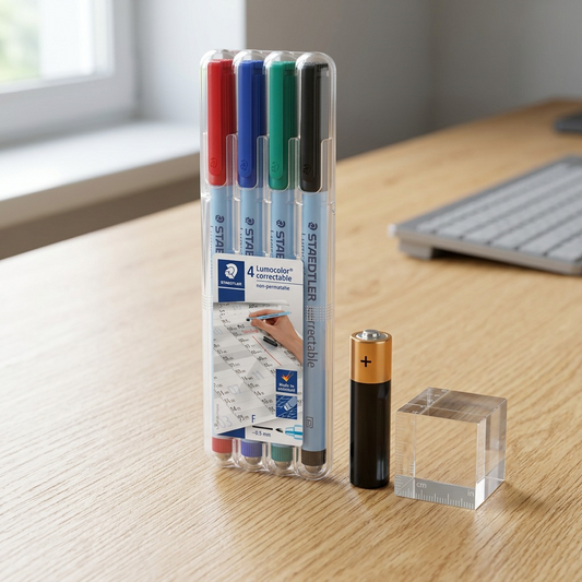 STAEDTLER markers in clear case on wood desk beside a standard AA battery.