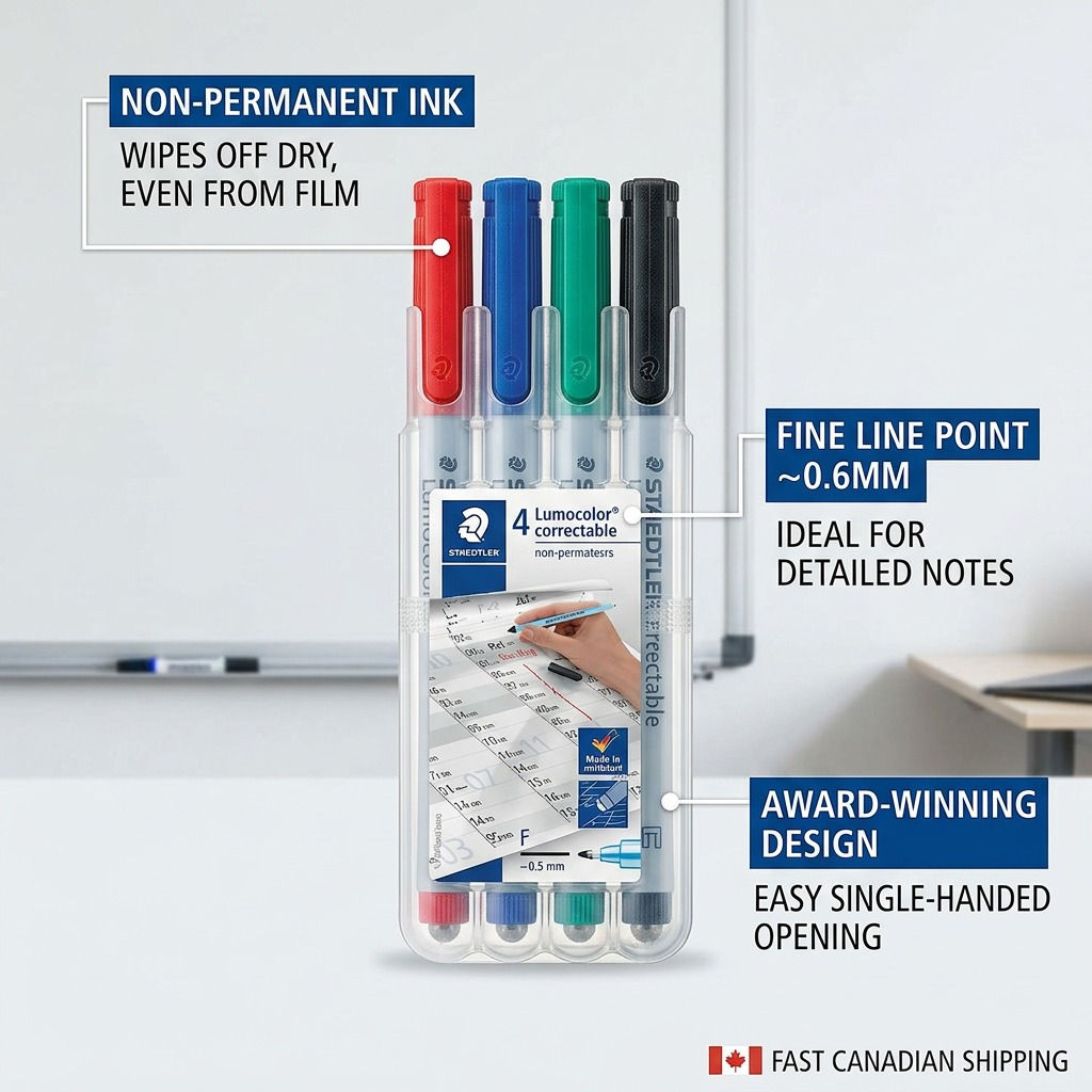 STAEDTLER correctable marker set with key feature callouts and Canadian shipping badge.