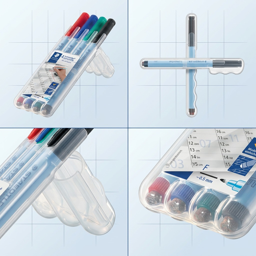 A clean 2x2 grid matrix displaying the STAEDTLER Lumocolor set from four distinct, useful angles.