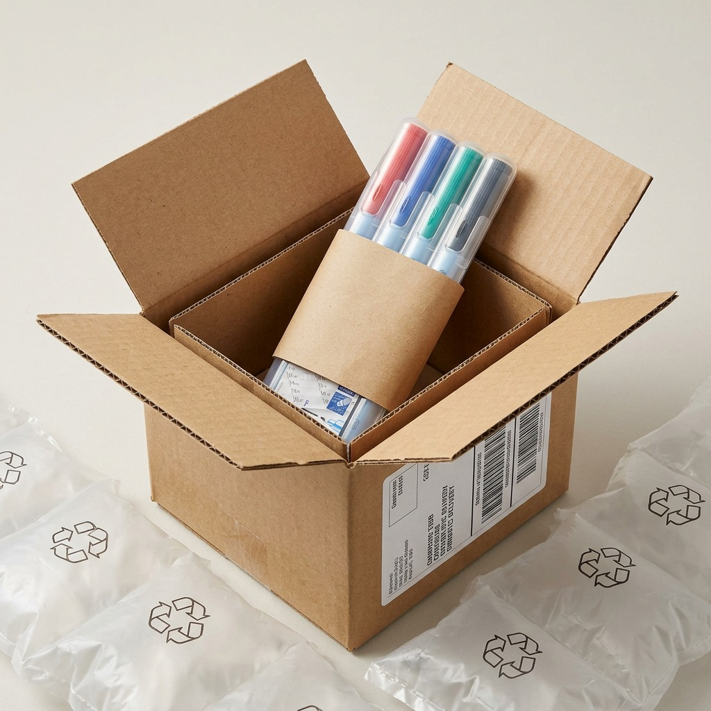 Photo: STAEDTLER markers in a clear case, nestled safely within a protective cardboard shipping box.
