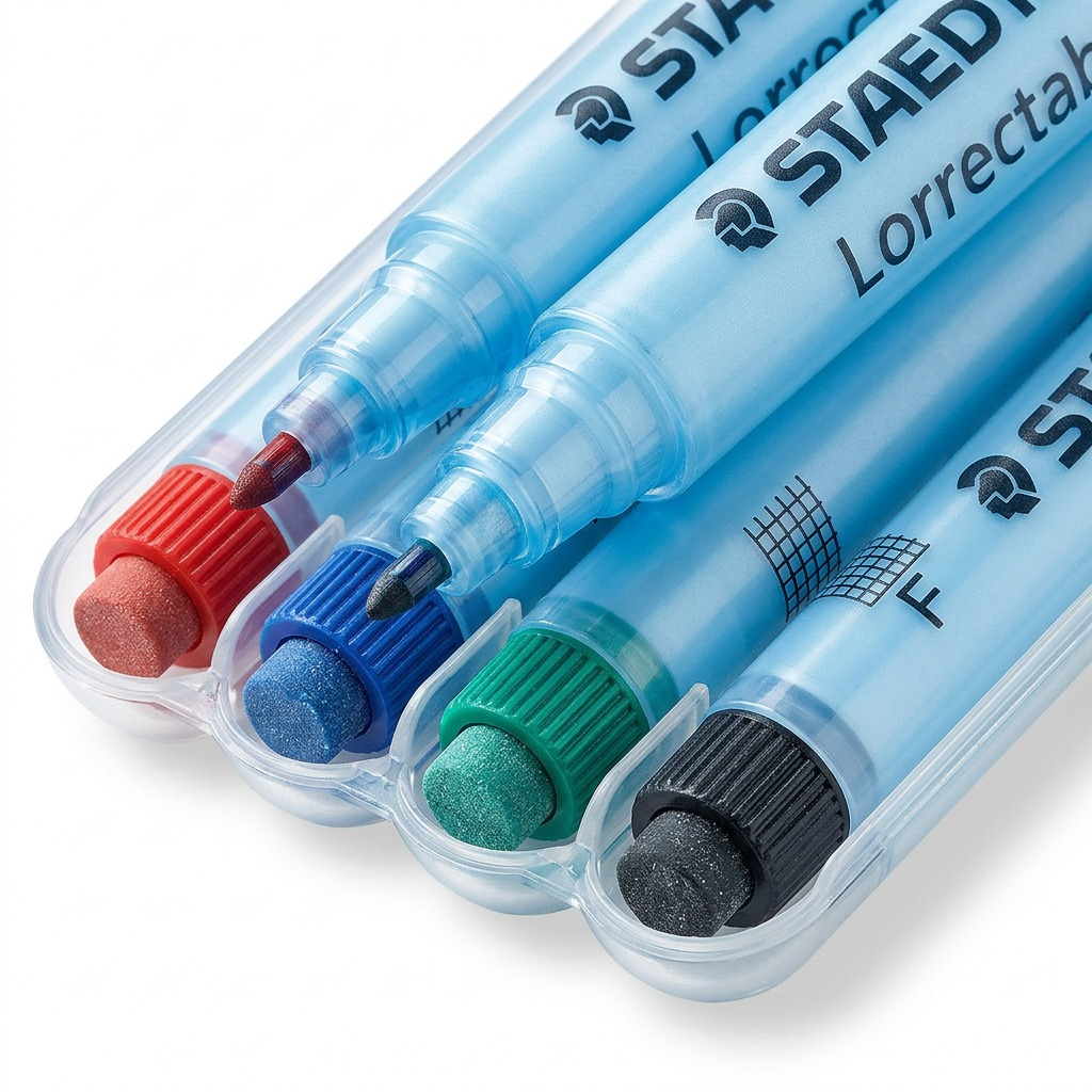 An extreme close-up view showing the red, blue, green, and black marker tips nested in their clear plastic base.