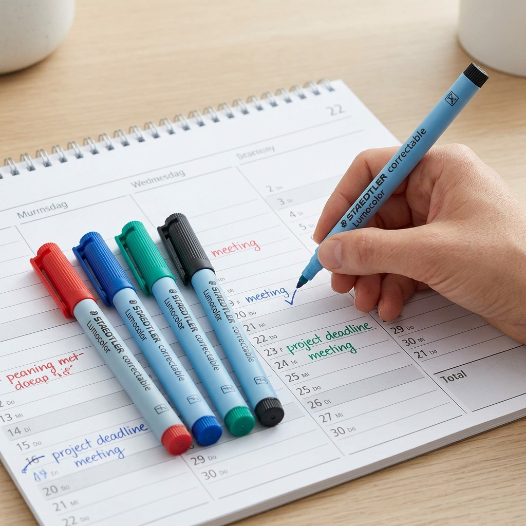 STAEDTLER non-permanent markers writing on a white dry-erase whiteboard desk calendar.